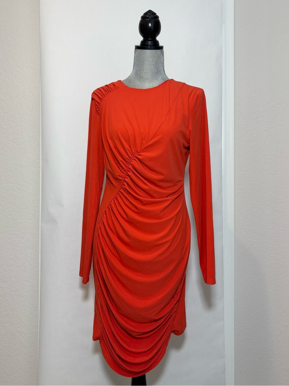 Zara Orange-Red Ruched Long-Sleeve Draped Dress SZ Large